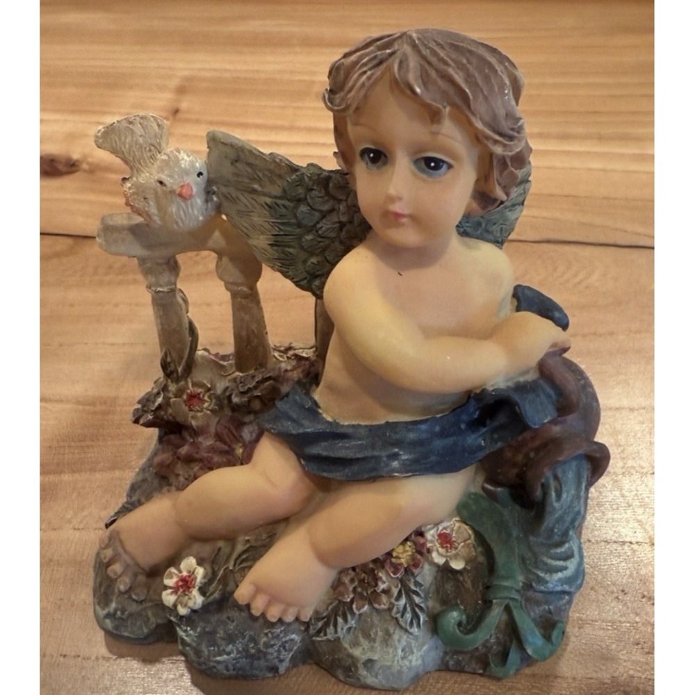 Resin Cherub Angel Figurine with Bird Floral Base Blue Draping 3" Tall